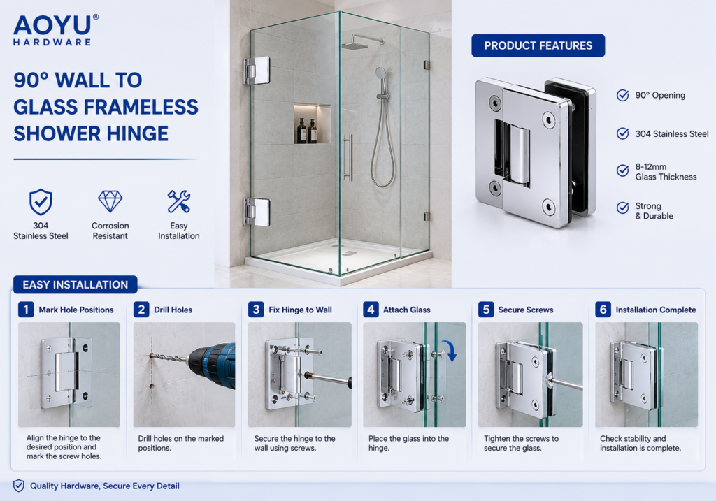 Stainless steel wall-to-glass shower door hinges installation for frameless bathroom glass door system