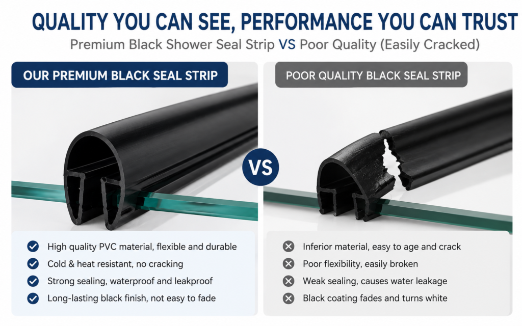 Comparison of high-quality and low-quality PVC shower door seal strips showing flexibility and crack resistance