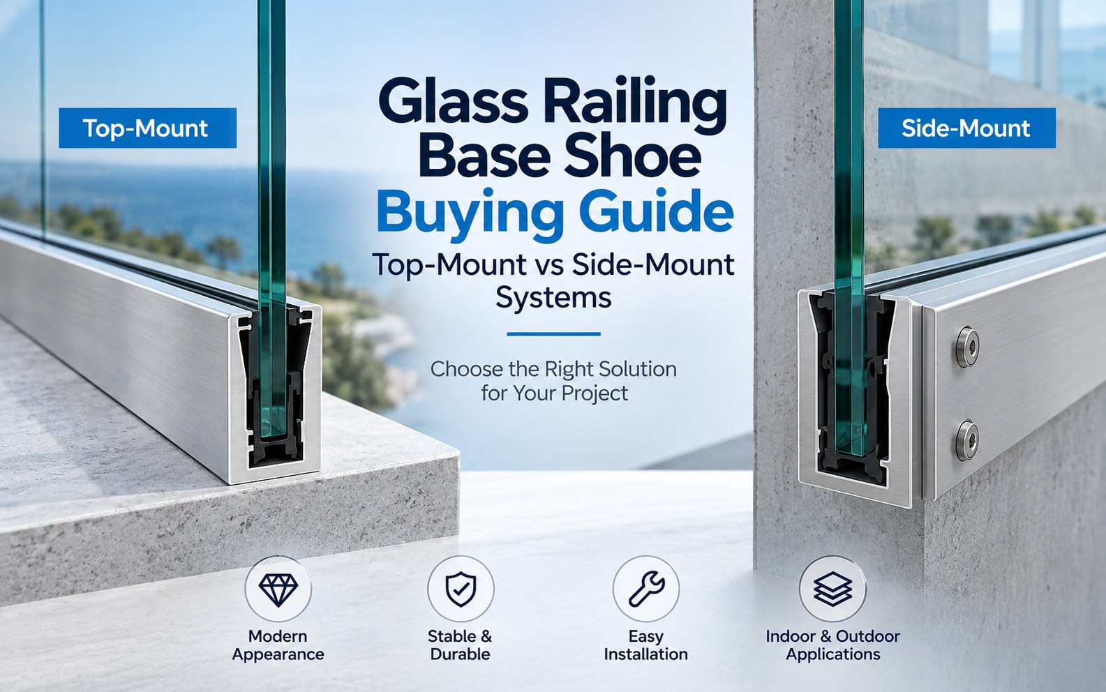 Glass Railing Base Shoe Buying Guide:Top-Mount vs Side-Mount Systems